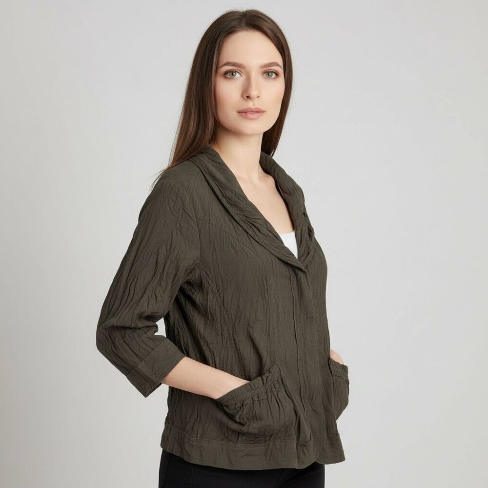 Lan Vie Olive Green Textured Zip-Front Lightweight Jacket Size Large Lagenlook